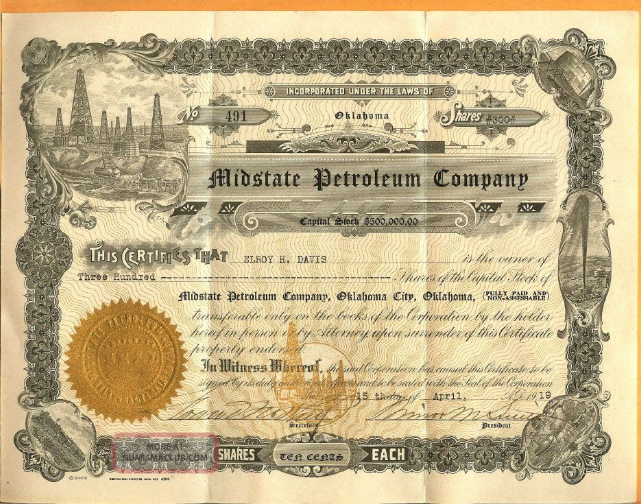 C1919 Ok Oklahoma Gas Oil Stock Certificate Midstate Petroleum 5