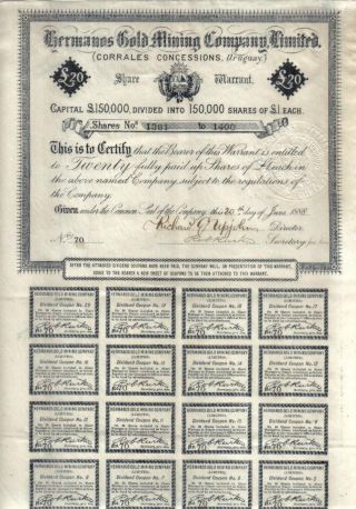 Uruguay Bond 1888 Hermanos Gold Mining Co 20 Shares £20 Uncancelled Coupons photo