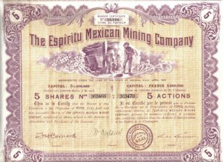 Mexico Usa 1910 Espiritu Mexican Mining Co 5 Shares $5 Uncancelled Coupons Deco photo