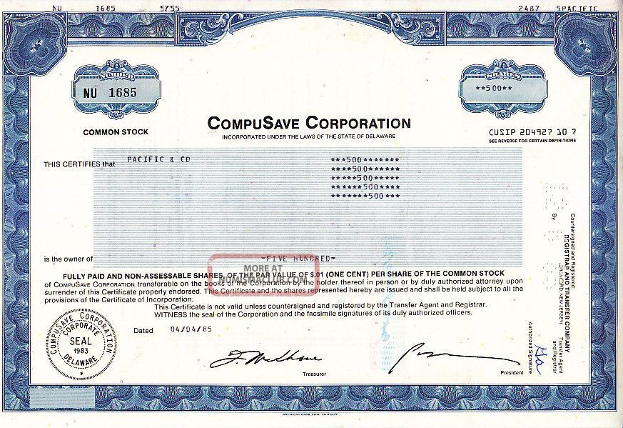 Broker Owned Stock Certificate - - Pacific & Co.