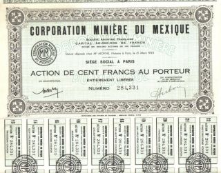 Mexico France 1923 Mining Corporation Minere Mexique 100 Fr Uncancelled Coupons photo