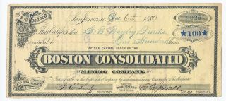 Bodie District - Boston Consolidated Mining Company Stock Certificate,  1880 photo