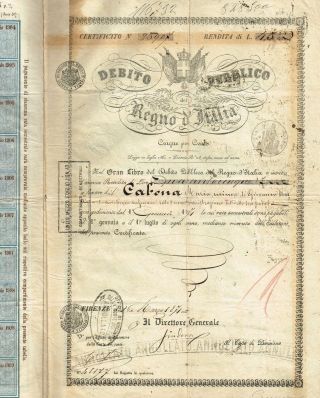 Kingdom Of Italy Public Debt Bond Stock Certificate 1871 photo