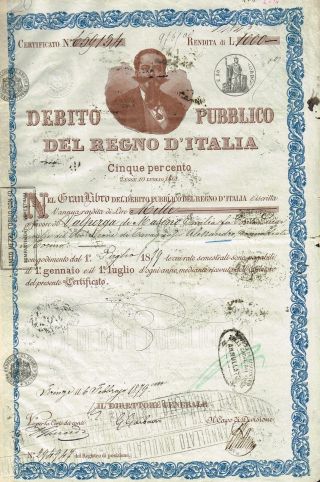 Kingdom Of Italy Public Debt Bond Stock Certificate 1879 photo