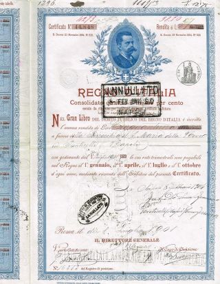 Kingdom Of Italy Public Debt Bond Stock Certificate 1901 photo