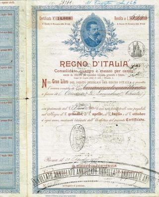 Kingdom Of Italy Public Debt Bond Stock Certificate 1896 photo