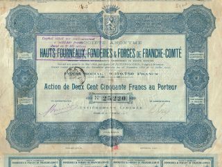 France Blast Furnaces & Founderies Of Franche Comte Stock Certificate 1913 photo