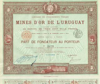 Uruguay Gold Mines Stock Certificate 1895 photo