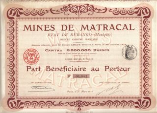 Mexico France 1912 Mining Mines Matracal Durango Co Uncancelled Coupons Deco photo
