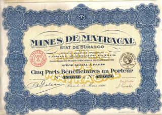 Mexico France 1926 Mining Mines Matracal Durango 5 Profit Share Uncancelled Coup photo