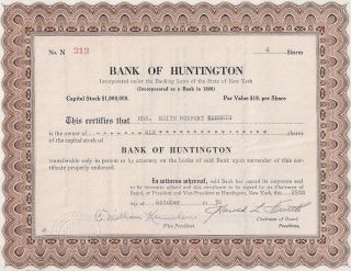 Bank Of Huntington (long Island). . . . . .  1960 Stock Certificate photo