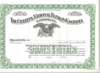 The Citizens National Bank In Gastonia (north Carolina). . .  Unissued Stock Cert. photo