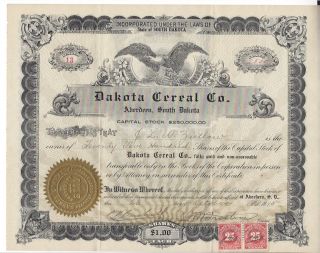 Dakota Cereal Co (aberdeen South Dakota). . . .  1915 Stock Certificate photo