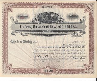 The Nancy Hancks Consolidated Gold Mining Co. . .  1890 ' S Stock Certificate photo