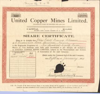 United Copper Mines Limited 1929 British Mining Stock Certificate Share London photo
