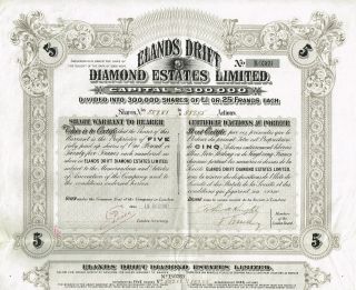 Africa Cape Of Good Hope Elands Drift Diamond Company Stock Certificate 5sh photo