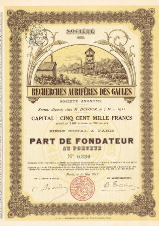 France Gold Reasearch Company Of Gaules Stock Certificate 1912 photo