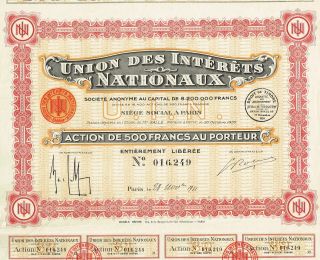 France Union Of National Interests Stock Certificate 1933 Paris photo
