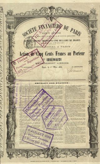 France Finance Society Of Paris Stock Certificate 1883 W/coupons photo