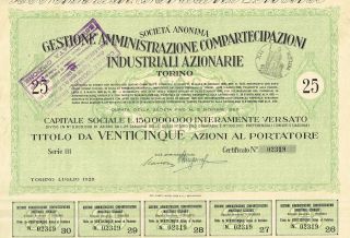 Italy City Of Torino Industry Stock Certificate 1928 25 Sh photo