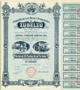 Spain Zubelzu Mines & Foundries Stock Certificate photo