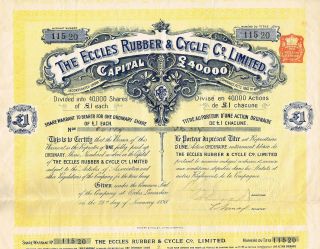 England Eccles Rubber & Cycle Company Stock Certificate 1898 photo