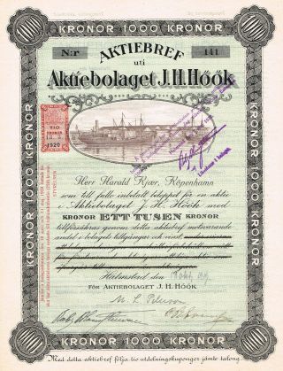 Sweden Company Stock Certificate 1919 J.  H.  Hook photo