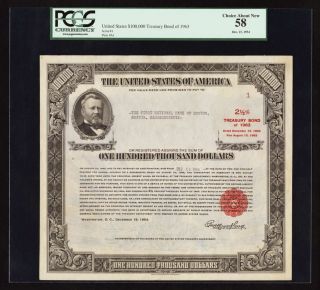 $100,  000 Treasury Bond Of 1963 Pcgs Au58 Serial 1 Issued 1954 photo