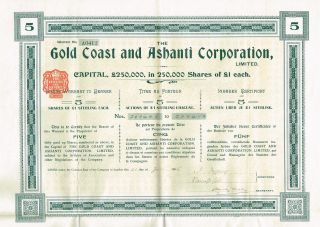 Africa Gold Coast & Ashanti Corp Stock Certificate 1905 5sh photo