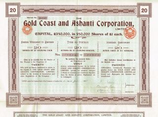 Africa Gold Coast & Ashanti Corp Stock Certificate 1905 20sh photo