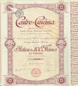 France Cinema Center Stock Certificate 1920 photo