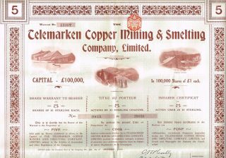 Norway Telemarken Copper Mining & Smelting Bond Stock Certificate 1906 5sh photo