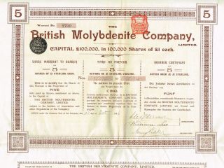 England British Molybdenite Company Stock Certificate 1906 5sh photo