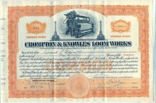 Crompton & Knowles Loom Stock Certificate Worcester Massachusetts photo