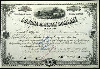 Rare 1882 Sonora Railway Co Stock Certificate Rep Of Mexico photo