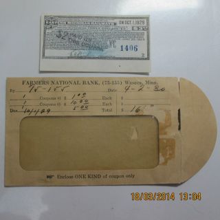 Bond Coupon Recipt By Eastern Michigan Railways 1929 Farmer ' S Bank Waseca,  Mn photo