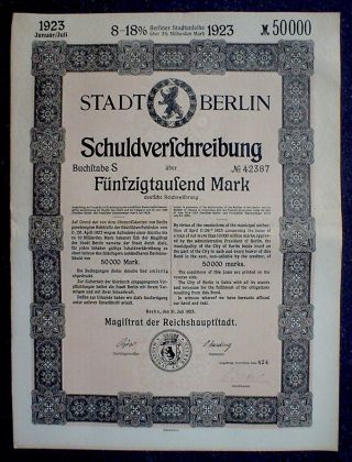 German 8 - 18% Treasury Bond City Berlin 50000 Mark 1923 Uncancelled +coupon Sheet photo