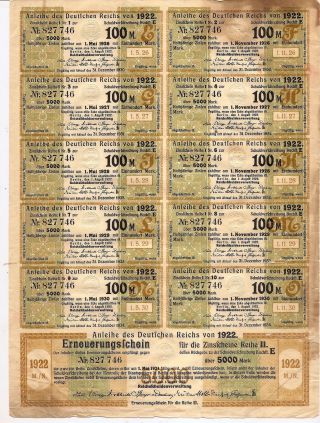 5000 Marks 1922 German Government Bond Berlin Coupons Only (rare) Pre Wwii photo