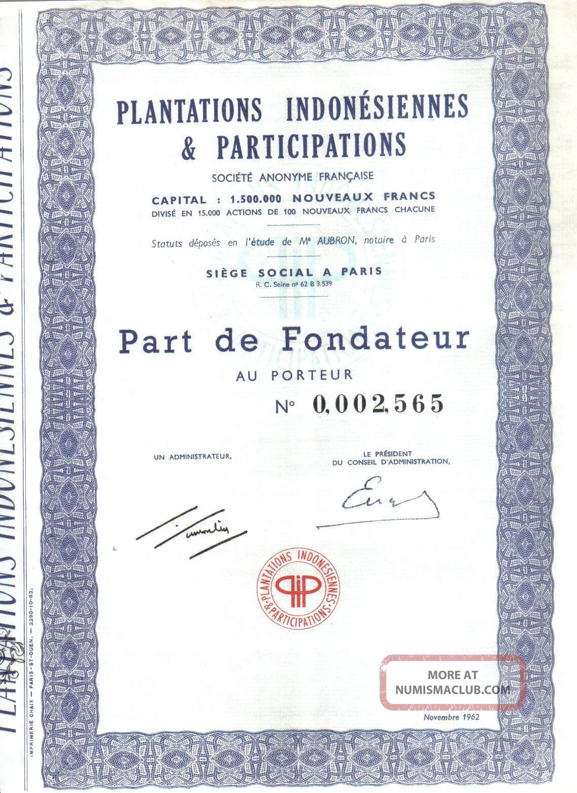 Indonesia 1962 Indonesian Plantations Investments Co Founder Uncancelled Coupons World photo