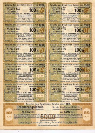 5000 Marks 1922 Pre Wwii German Government Bond Berlin Coupons Only (rare) photo