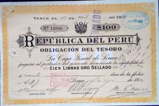 Peru Peruvian 1929 Government Obigation Del Tesoro 100 Pounds Bond Loan photo
