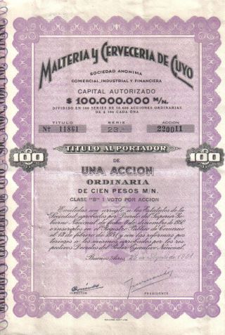 Argentina 1961 Malteria Cerveceria Cuyo Beer Brewery Co $100 Uncancelled Coupons photo
