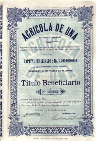 Brazil Bond 1922 Agricola Una Society Bahia Uncancelled Coupons Deco photo