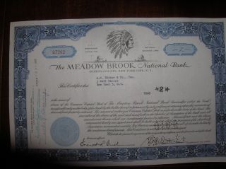 The Meadow Brook National Bank Stock Certificate - Indian Logo photo