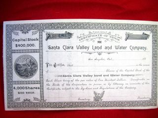 Santa Clara Valley Calif Land Water Stock Certificate 1880s Antique Paper 483 photo