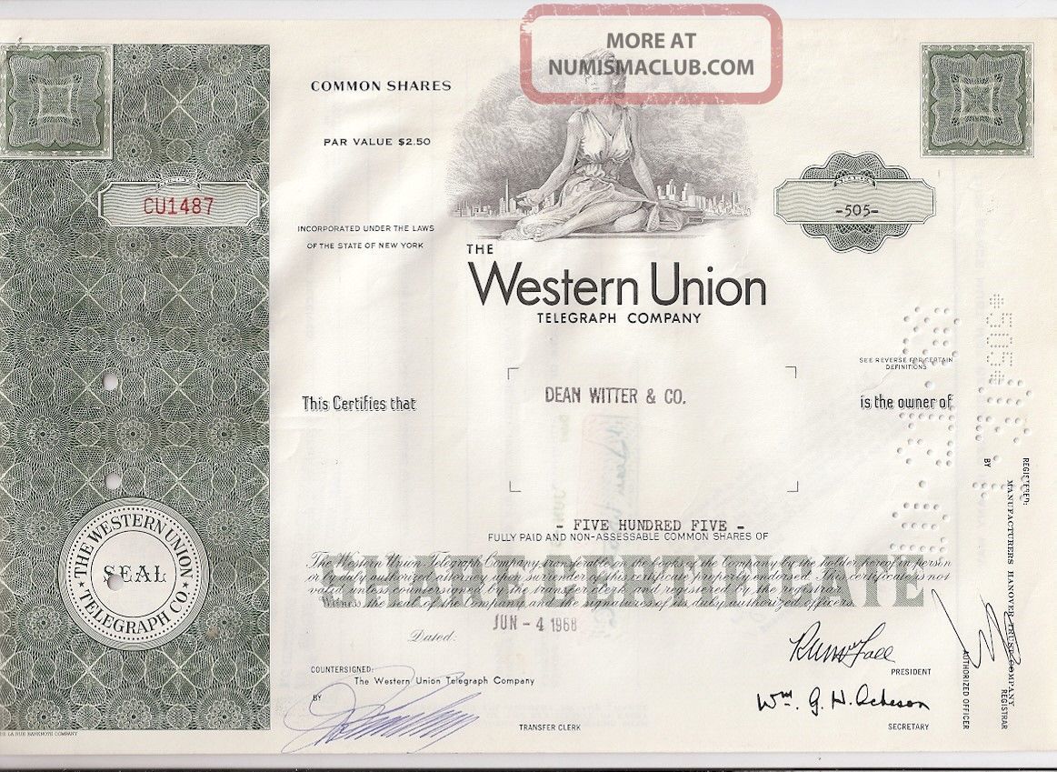 The Western Union Telegraph Company. . . . . . 1968 Stock Certificate