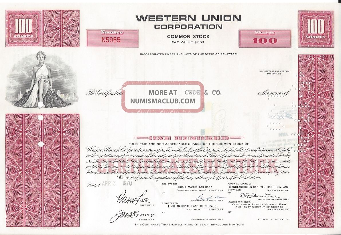 Western Union Corporation. . . . . . 1970 Stock Certificate