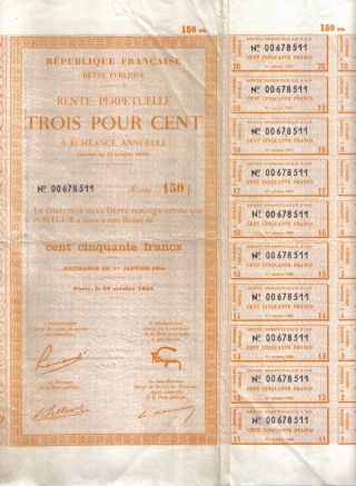 France State 3% Bond Public Debt Rente 1953 150 Francs Uncancelled Coup photo