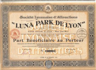France 1921 Luna Park Lyon Attractions Co Uncancelled Profit Share Issue 3000 photo