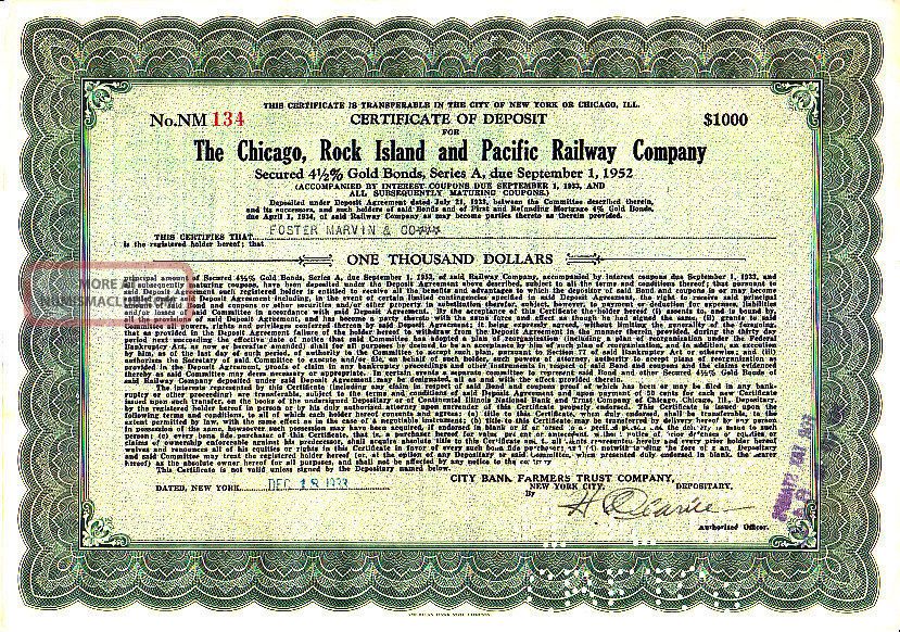 Chicago Rock Island Pacific Rr 1952 Stock Bond Certificate